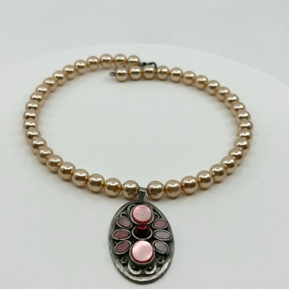 Blush Faux Pearl Pink Cabochon Pendant Necklace Silver Tone Coquette Statement
